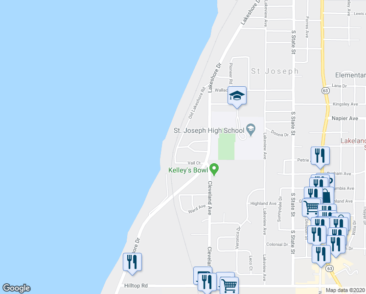 map of restaurants, bars, coffee shops, grocery stores, and more near Sunnybank Road in Saint Joseph