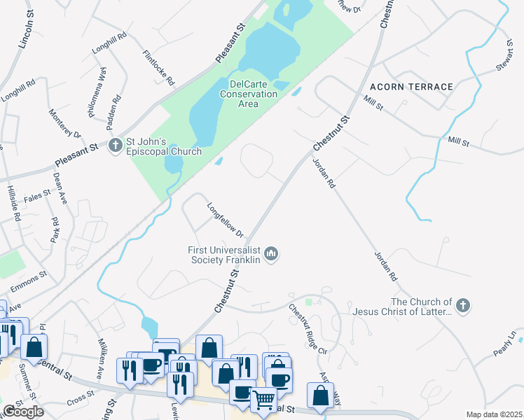 map of restaurants, bars, coffee shops, grocery stores, and more near 300 Chestnut Street in Franklin