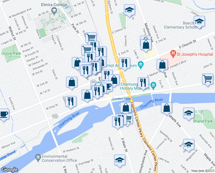 map of restaurants, bars, coffee shops, grocery stores, and more near 147 West Gray Street in Elmira