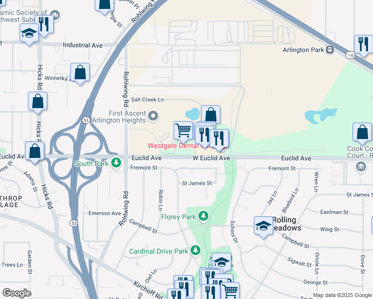 map of restaurants, bars, coffee shops, grocery stores, and more near 3025 West Euclid Avenue in Arlington Heights