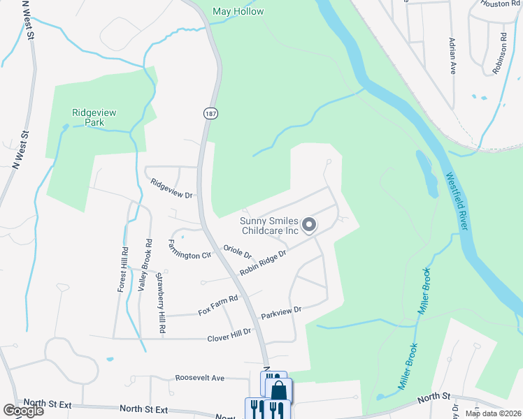 map of restaurants, bars, coffee shops, grocery stores, and more near 46 Pleasant Valley Road in Agawam