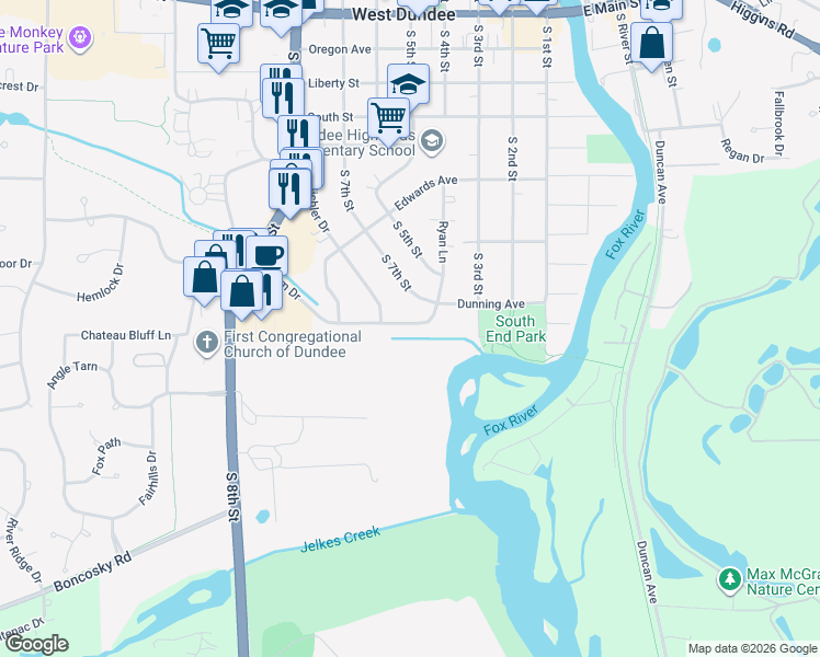 map of restaurants, bars, coffee shops, grocery stores, and more near 717 Strom Drive in West Dundee
