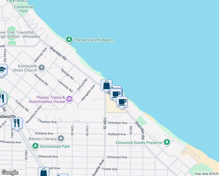 map of restaurants, bars, coffee shops, grocery stores, and more near 1630 Sheridan Road in Wilmette