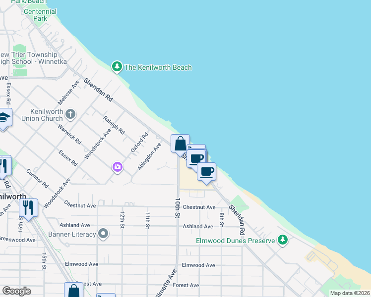 map of restaurants, bars, coffee shops, grocery stores, and more near 1630 Sheridan Road in Wilmette