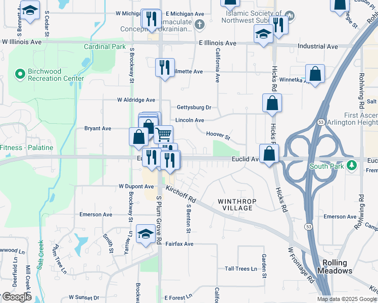 map of restaurants, bars, coffee shops, grocery stores, and more near 4602 Euclid Avenue in Rolling Meadows