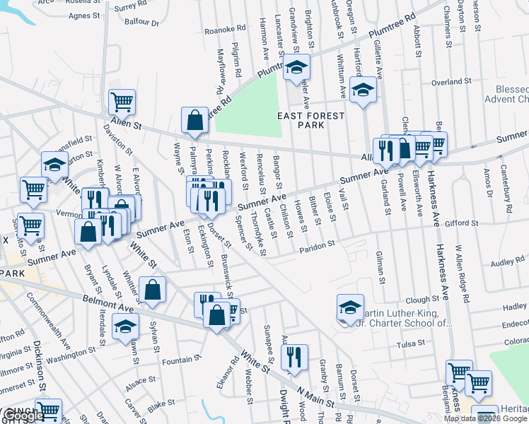 map of restaurants, bars, coffee shops, grocery stores, and more near 27 Thorndyke Street in Springfield