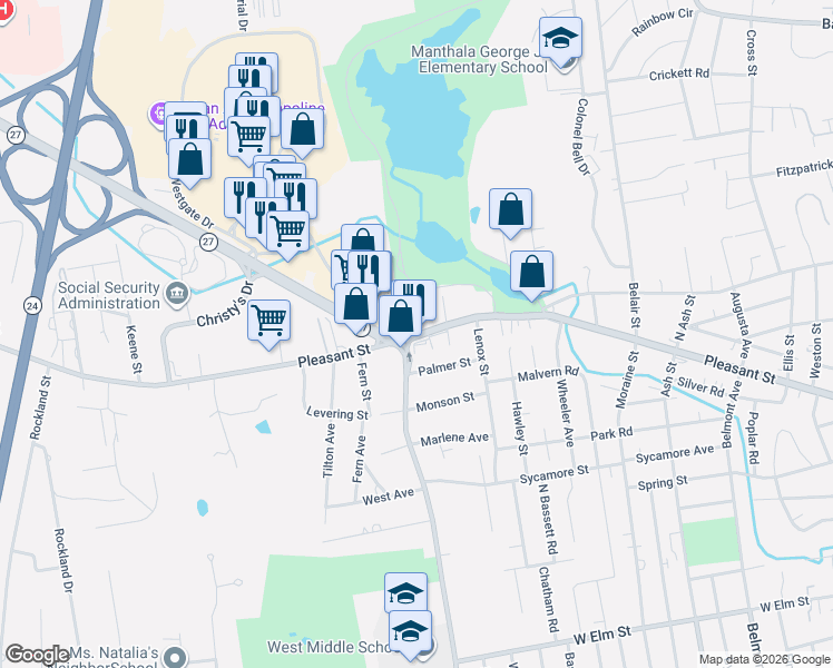 map of restaurants, bars, coffee shops, grocery stores, and more near 627 Pleasant St in Brockton