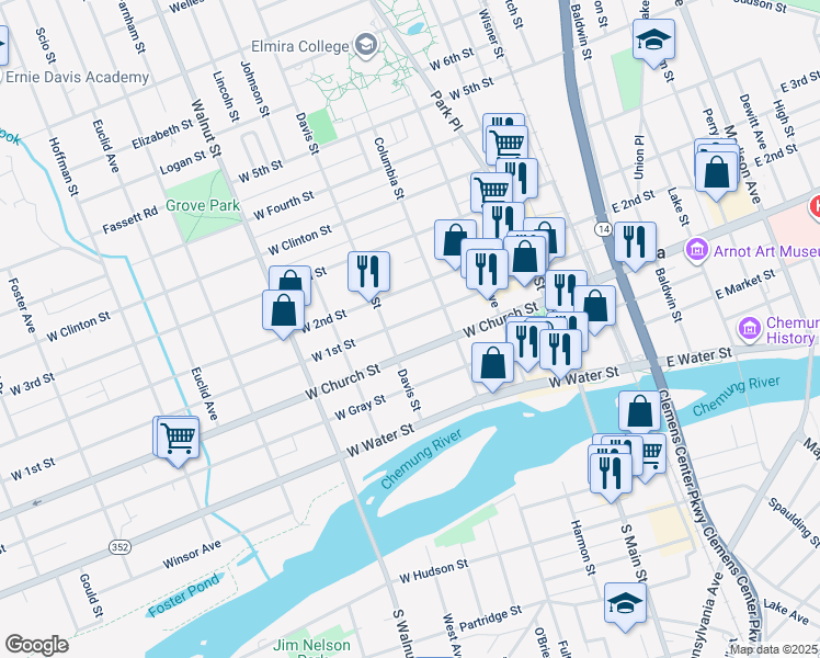 map of restaurants, bars, coffee shops, grocery stores, and more near 371 West 1st Street in Elmira