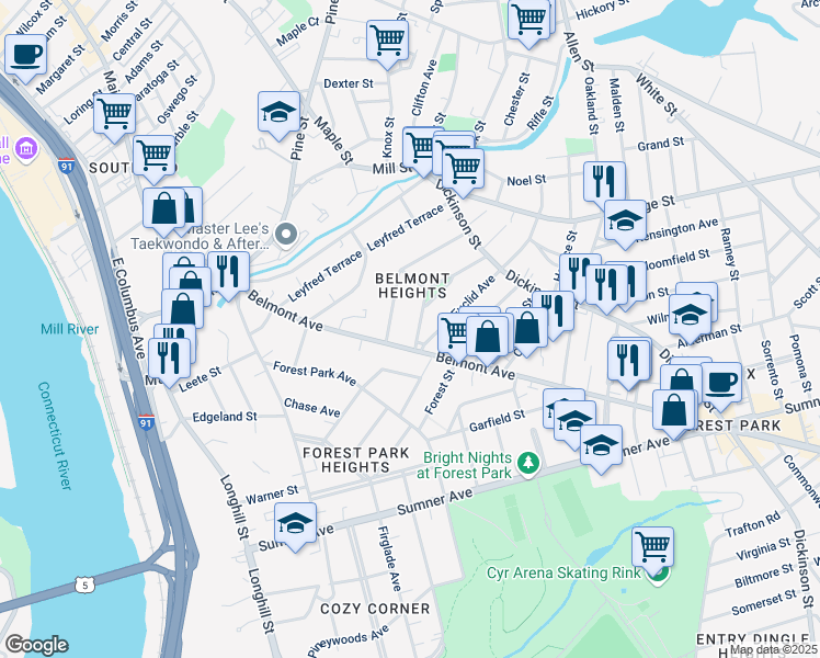 map of restaurants, bars, coffee shops, grocery stores, and more near 205 Belmont Avenue in Springfield