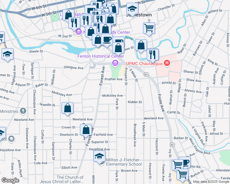 map of restaurants, bars, coffee shops, grocery stores, and more near 70 Prospect Street in Jamestown