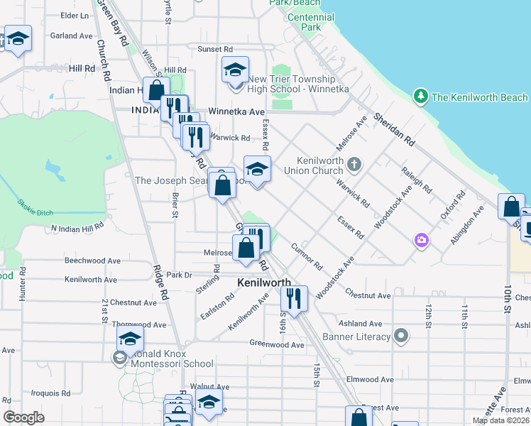 map of restaurants, bars, coffee shops, grocery stores, and more near 353 Melrose Avenue in Kenilworth