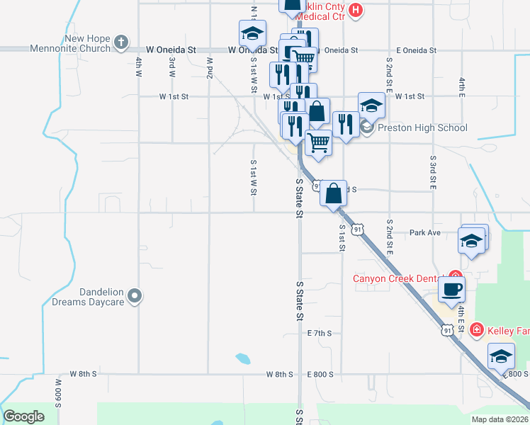 map of restaurants, bars, coffee shops, grocery stores, and more near 71 West 4th South in Preston