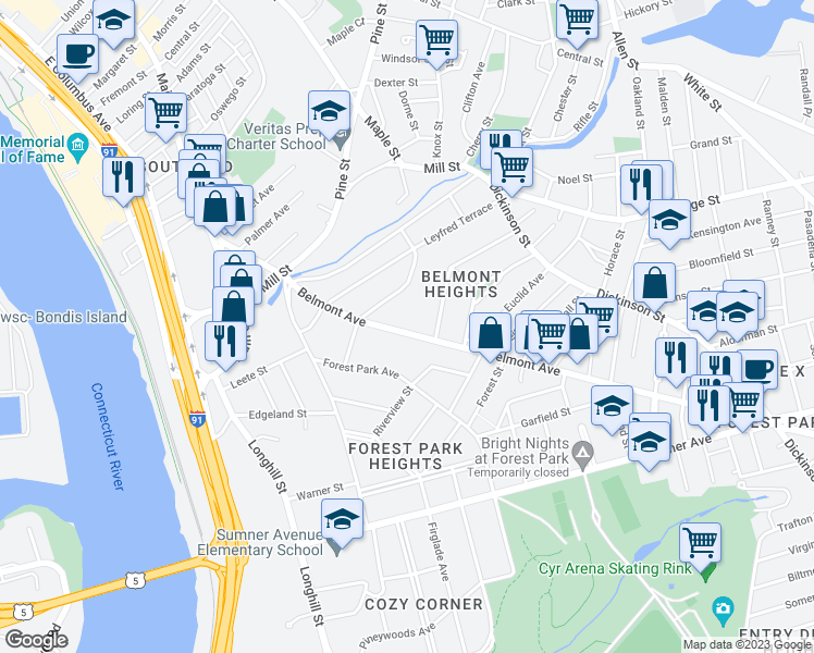 map of restaurants, bars, coffee shops, grocery stores, and more near 147 Belmont Avenue in Springfield