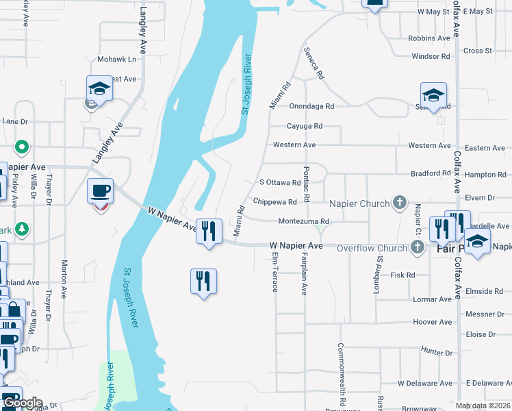 map of restaurants, bars, coffee shops, grocery stores, and more near 661 Montezuma Road in Benton Harbor