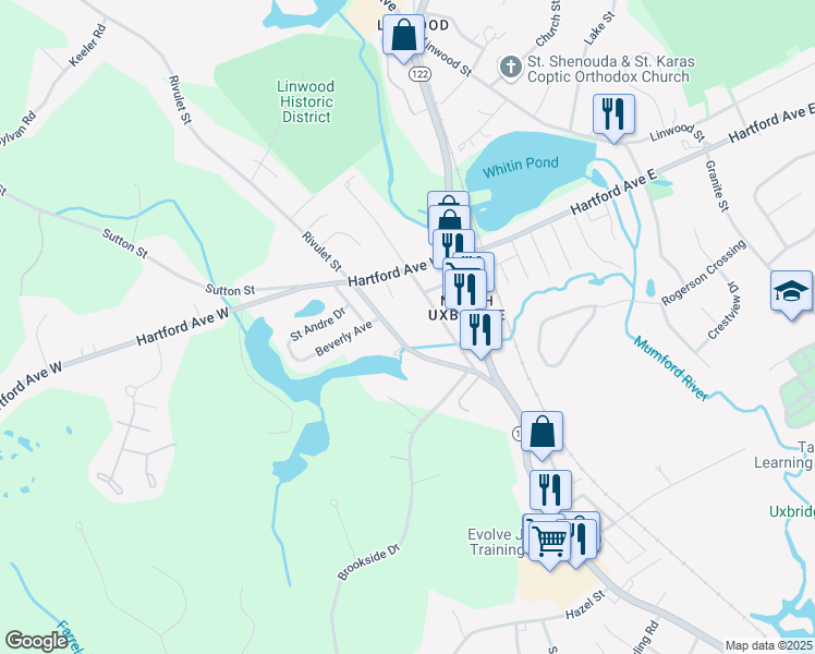map of restaurants, bars, coffee shops, grocery stores, and more near 51 Rivulet Street in Uxbridge