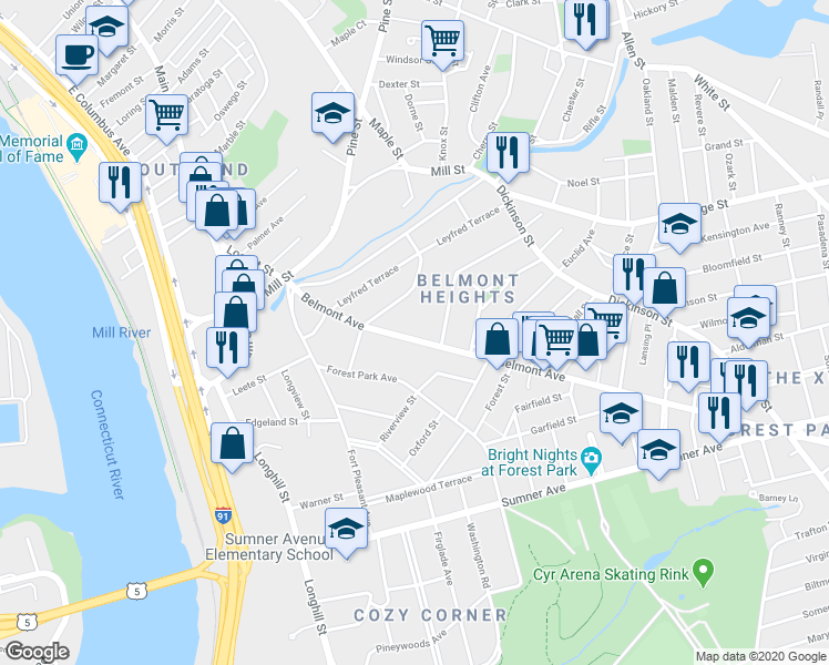 map of restaurants, bars, coffee shops, grocery stores, and more near 172 Belmont Avenue in Springfield