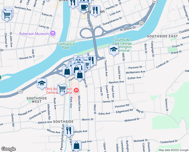 map of restaurants, bars, coffee shops, grocery stores, and more near 50 Mary Street in Binghamton