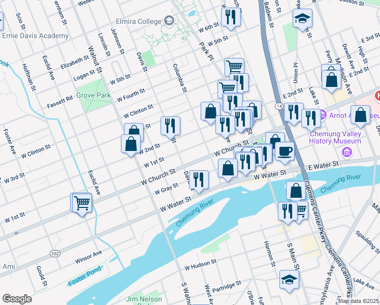 map of restaurants, bars, coffee shops, grocery stores, and more near 374 West Church Street in Elmira