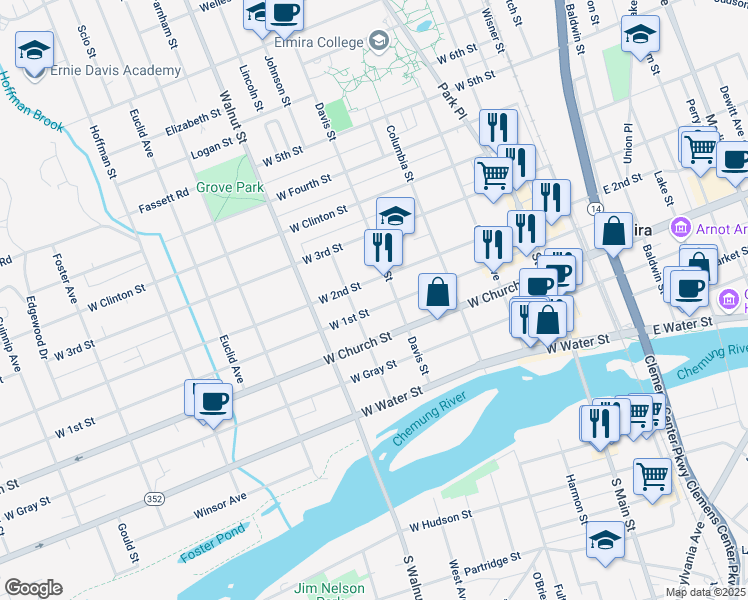 map of restaurants, bars, coffee shops, grocery stores, and more near 405 West 1st Street in Elmira
