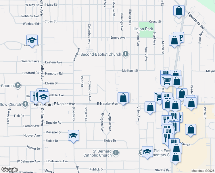 map of restaurants, bars, coffee shops, grocery stores, and more near 1627 Ogden Avenue in Benton Harbor