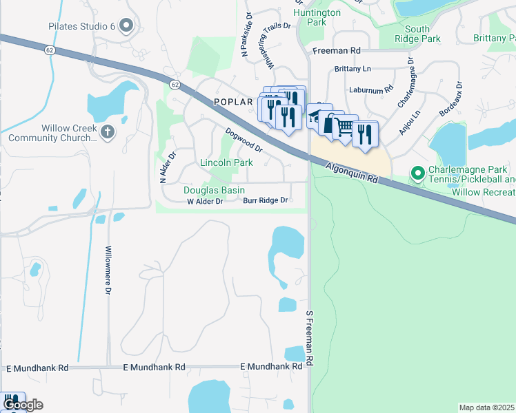 map of restaurants, bars, coffee shops, grocery stores, and more near 1829 Burr Ridge Drive in Hoffman Estates