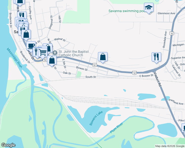 map of restaurants, bars, coffee shops, grocery stores, and more near South Street in Savanna