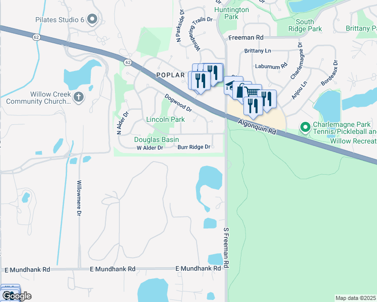 map of restaurants, bars, coffee shops, grocery stores, and more near 1829 Burr Ridge Drive in Hoffman Estates