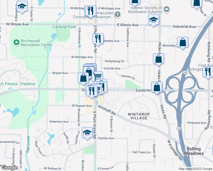 map of restaurants, bars, coffee shops, grocery stores, and more near 4602 Euclid Avenue in Rolling Meadows