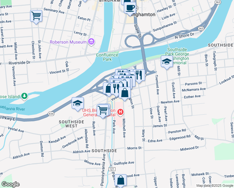 map of restaurants, bars, coffee shops, grocery stores, and more near 1175 Vestal Avenue in Binghamton