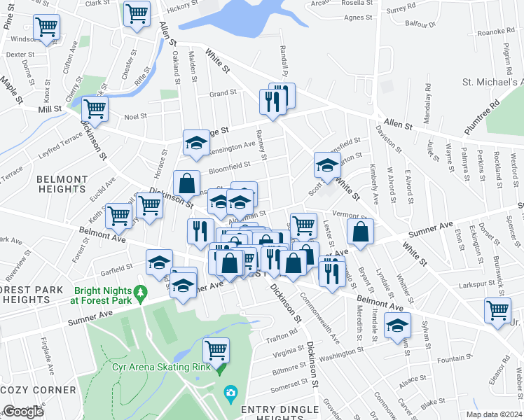 map of restaurants, bars, coffee shops, grocery stores, and more near 72 Alderman Street in Springfield