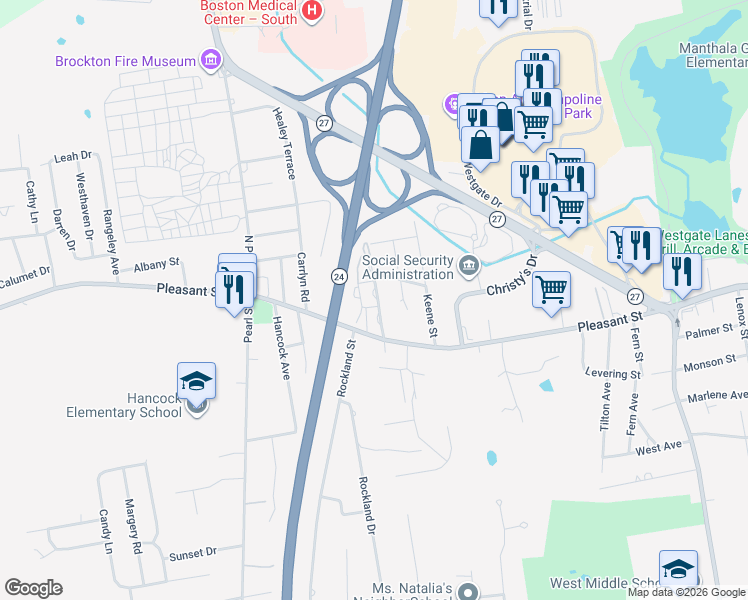map of restaurants, bars, coffee shops, grocery stores, and more near 36 Westland Street in Brockton