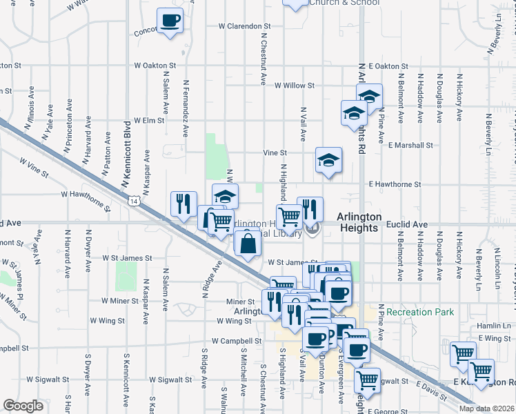 map of restaurants, bars, coffee shops, grocery stores, and more near 302 Euclid Avenue in Arlington Heights