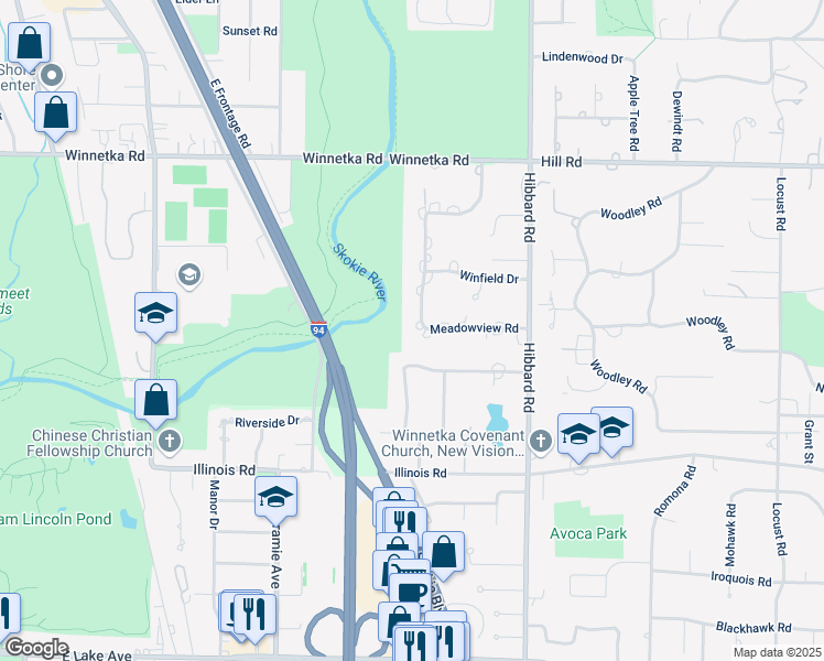 map of restaurants, bars, coffee shops, grocery stores, and more near 45 Longmeadow Road in Winnetka