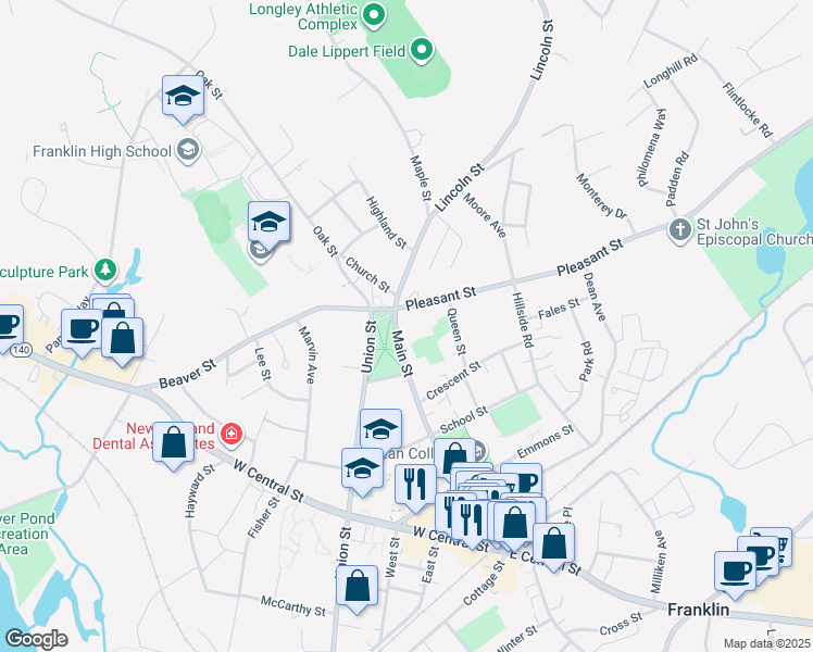 map of restaurants, bars, coffee shops, grocery stores, and more near 201 Main Street in Franklin