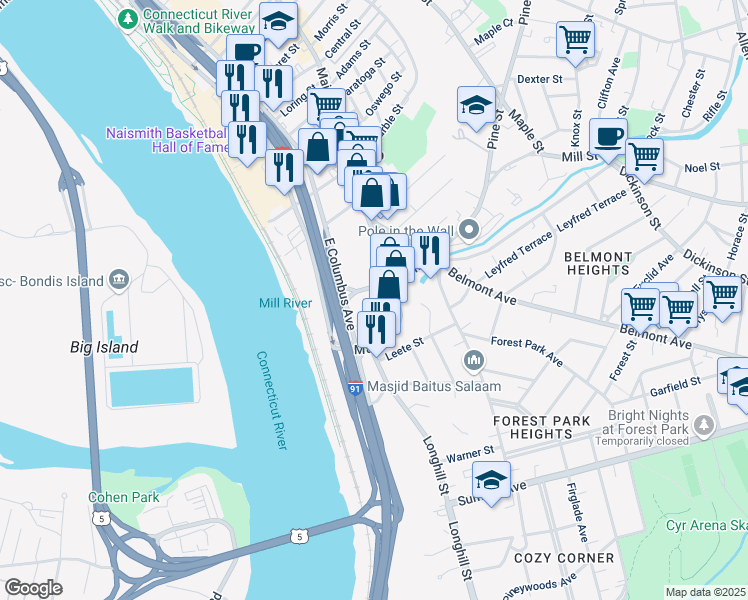 map of restaurants, bars, coffee shops, grocery stores, and more near 152 Main Street in Springfield