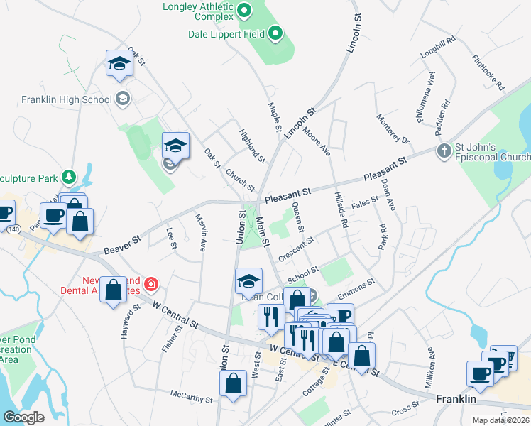 map of restaurants, bars, coffee shops, grocery stores, and more near 201 Main Street in Franklin