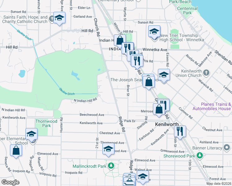 map of restaurants, bars, coffee shops, grocery stores, and more near 525 Ridge Road in Kenilworth