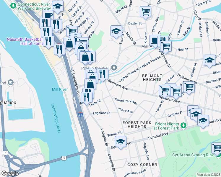 map of restaurants, bars, coffee shops, grocery stores, and more near 8 Blake Hill Street in Springfield