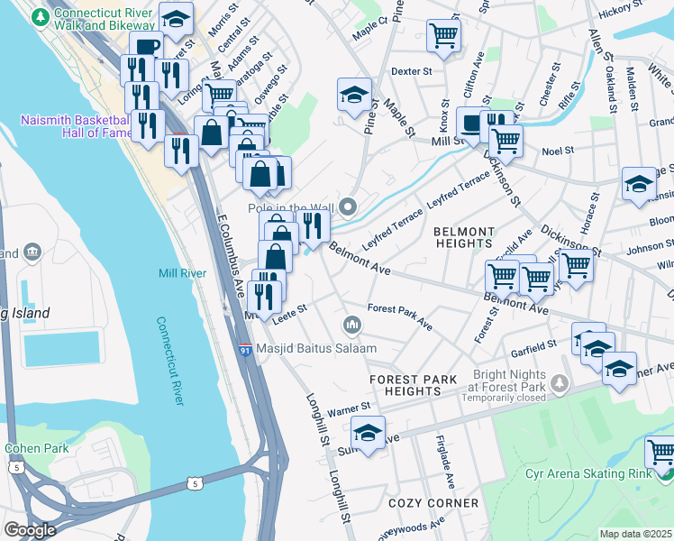 map of restaurants, bars, coffee shops, grocery stores, and more near 59 Fort Pleasant Avenue in Springfield