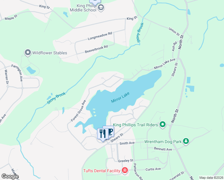 map of restaurants, bars, coffee shops, grocery stores, and more near 3 Mirror Lake Avenue in Wrentham