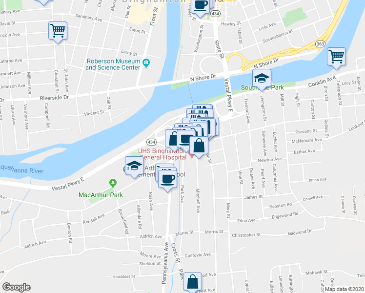map of restaurants, bars, coffee shops, grocery stores, and more near 1167 Vestal Avenue in Binghamton