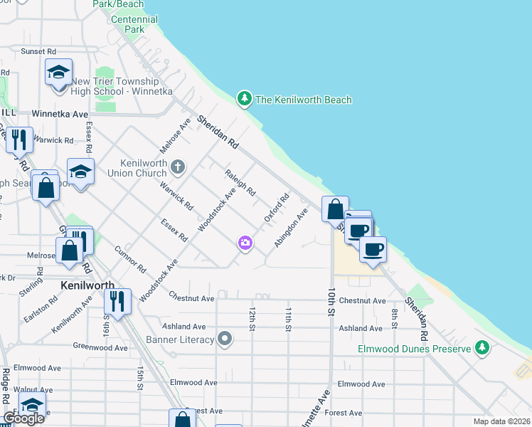 map of restaurants, bars, coffee shops, grocery stores, and more near 150 Oxford Road in Kenilworth