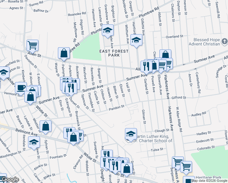 map of restaurants, bars, coffee shops, grocery stores, and more near 47-49 Howes Street in Springfield