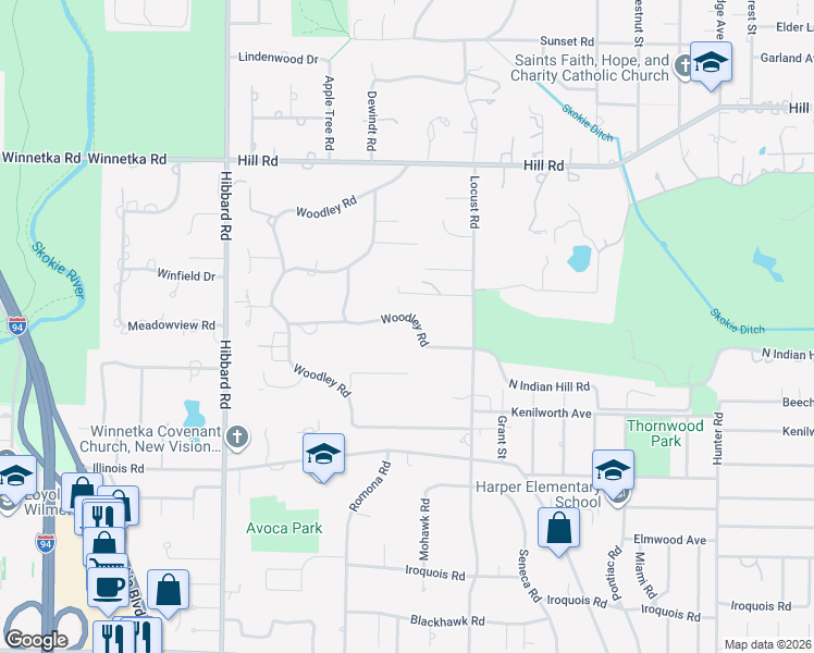 map of restaurants, bars, coffee shops, grocery stores, and more near 334 Woodley Road in Winnetka