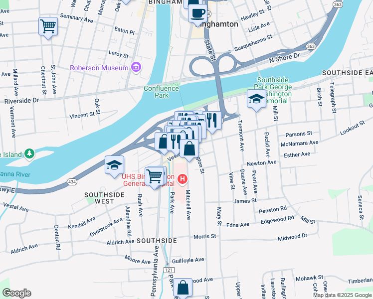 map of restaurants, bars, coffee shops, grocery stores, and more near Vestal Avenue & Mitchell Avenue in Binghamton