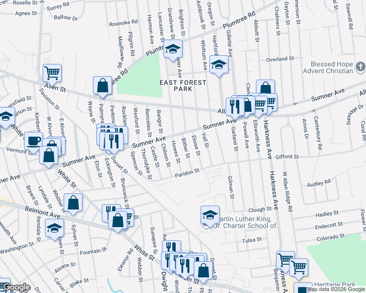 map of restaurants, bars, coffee shops, grocery stores, and more near 47-49 Howes Street in Springfield