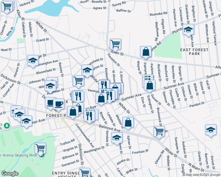 map of restaurants, bars, coffee shops, grocery stores, and more near 413 White Street in Springfield