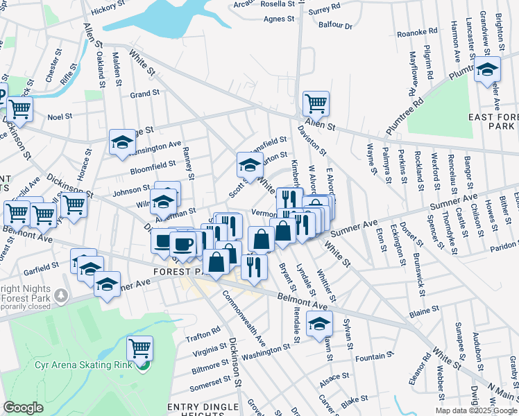 map of restaurants, bars, coffee shops, grocery stores, and more near 47 Lester Street in Springfield