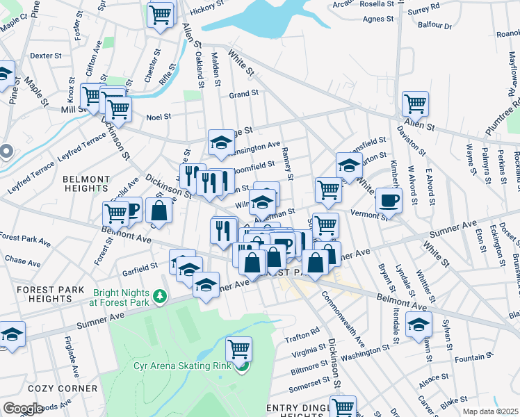 map of restaurants, bars, coffee shops, grocery stores, and more near 28 Alderman Street in Springfield