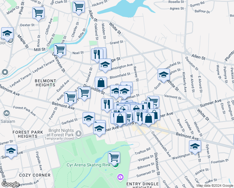 map of restaurants, bars, coffee shops, grocery stores, and more near 28 Alderman Street in Springfield